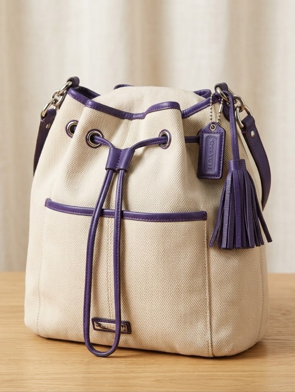 NEW Vintage Coach Beige Canvas and Navy Leather Drawstring Bucket Bag